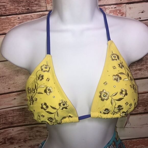 NEW Xhilaration Yellow/Gold Triangle Bikini Top M - Picture 1 of 7